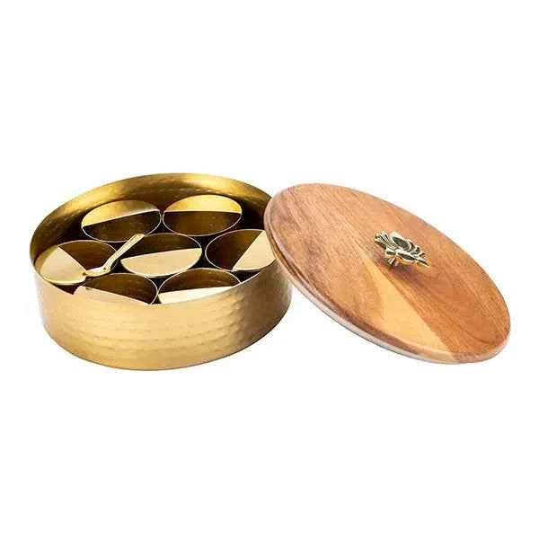Lotus - Themed Light Wooden Brass Masala Box - JAIN ART VILLA