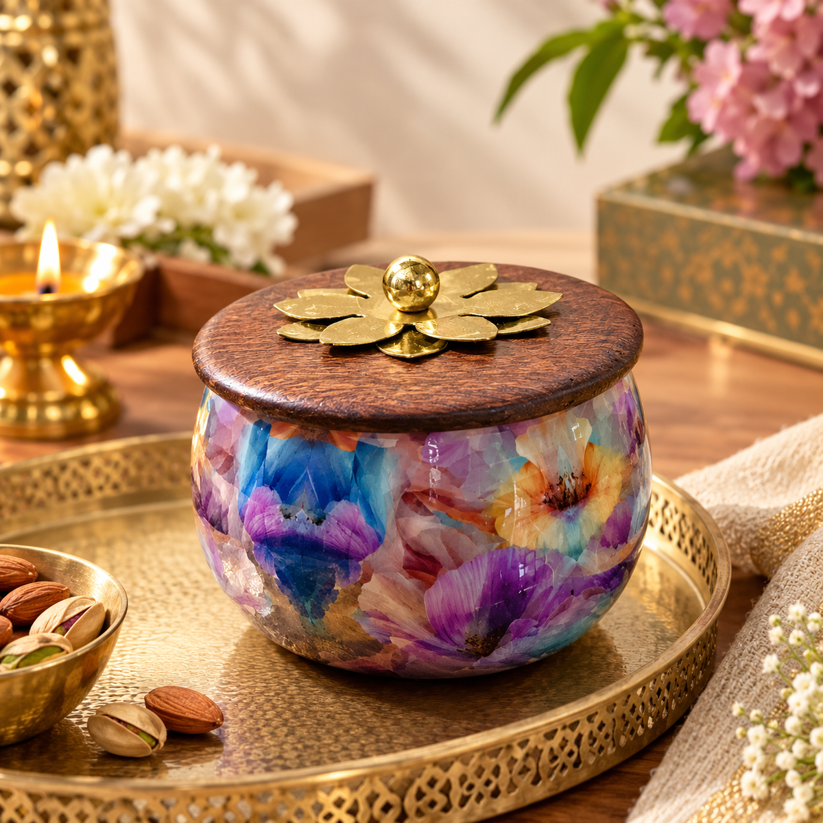 Floral Print Round Storage Jar with Wooden Lid & Brass Flower Knob – Decorative Dry Fruit, Mithai & Masala Container
