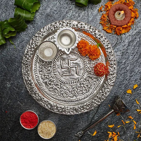 Silver Decorative Puja Thali with Ghungroo