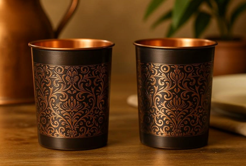 Handcrafted Engraved Copper Glass Set of 2 – Antique Black Finish with Floral Design | Pure Copper Tumblers for Ayurvedic Water