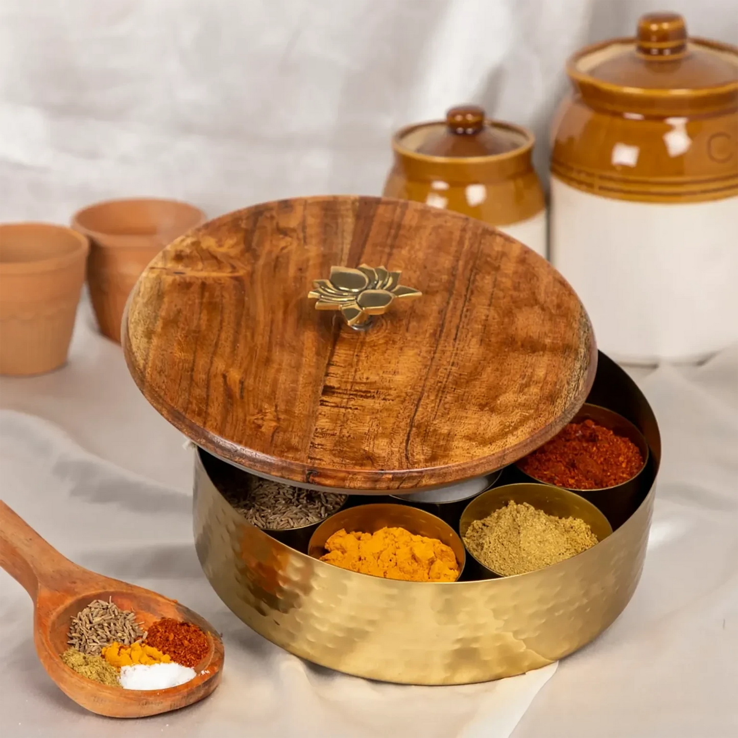 Lotus Themed Dark Wooden Brass Masala Box - JAIN ART VILLA