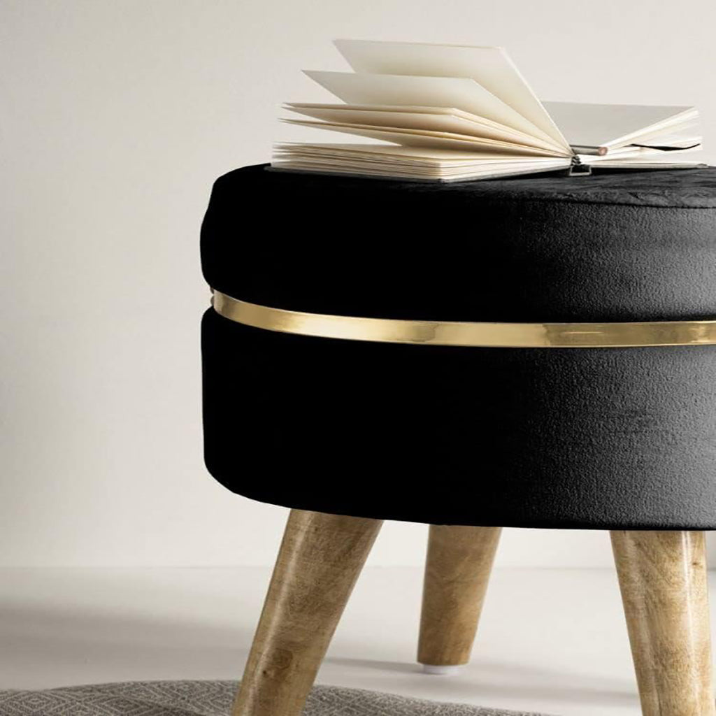 Velvet Sitting Stool for Home & Office | Wooden Ottoman Footrest & Sofa Side Stool – Black, set of 2