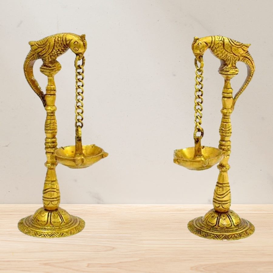 Gold Brass Parrot Lamp with Hanging Diya