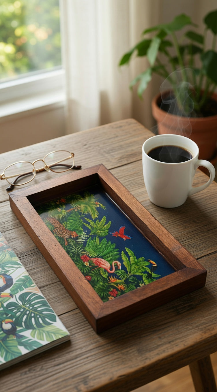 Handcrafted Wooden Serving Tray with Red Floral Print – Rustic Rectangular Tea & Coffee Tray for Home Decor