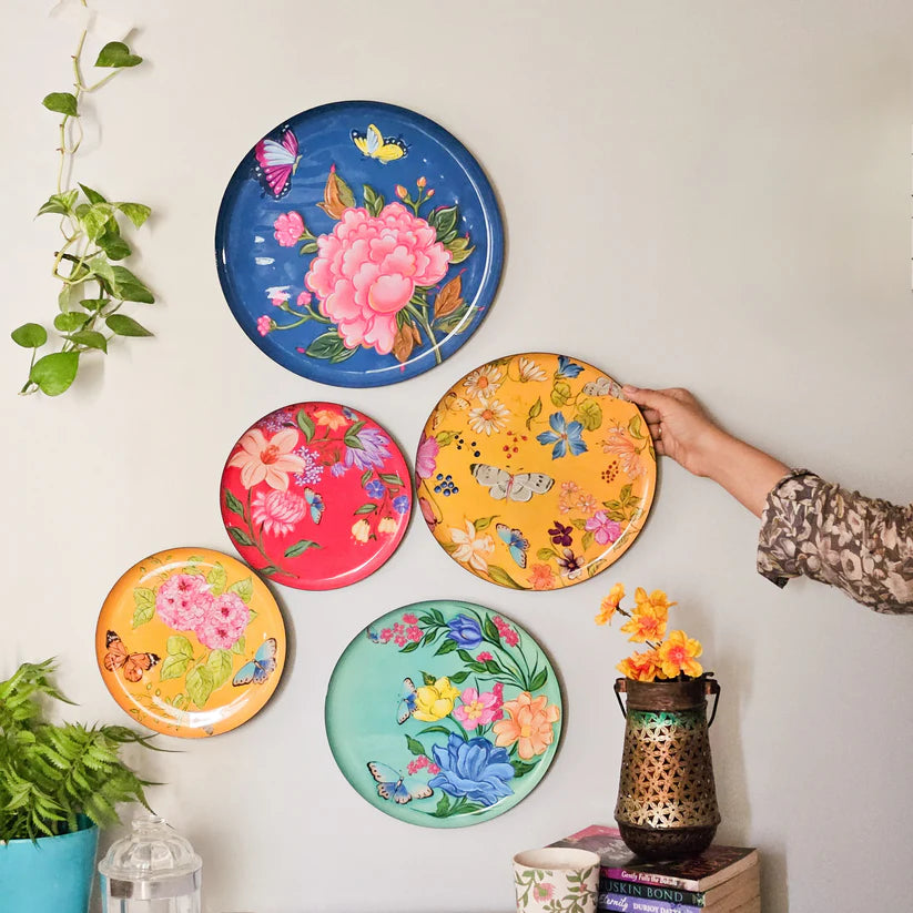 Pastel Multicolor Floral Iron Wall Art Plates - Set of 5