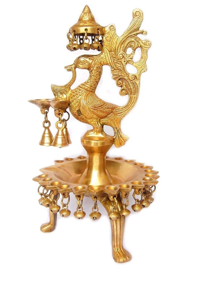 Brass Peacock Mayura Design Oil lamp with Base and Bells