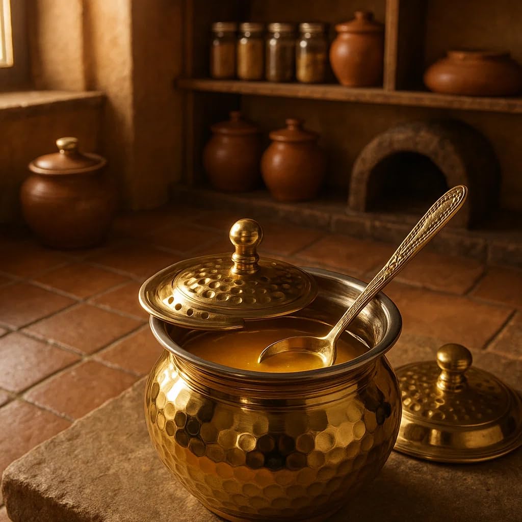 Brass Ghee Pot with Spoon, 250 ml Storage Jar with Perforated Lid, Hammered Design