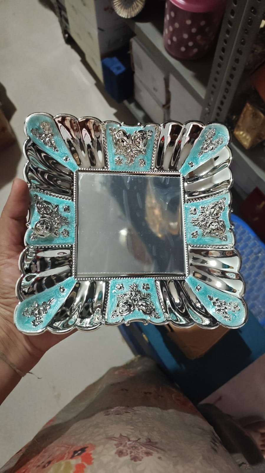 Premium German Silver Blue Meenakari Decorative Tray – Square Serving Tray for Dry Fruits, Pooja & Festive Gifting