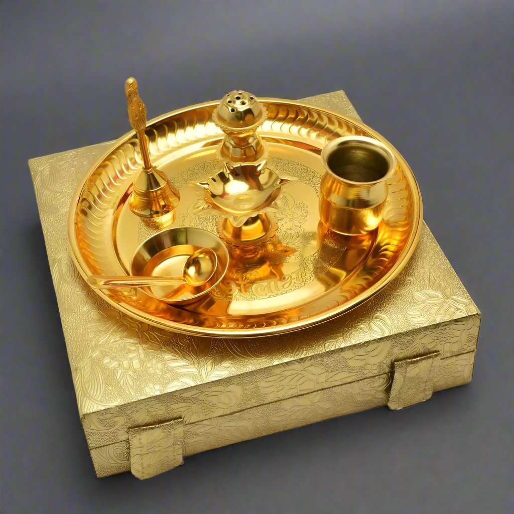 Golden Brass Pooja Thali Set with Gift Box – JAIN ART VILLA