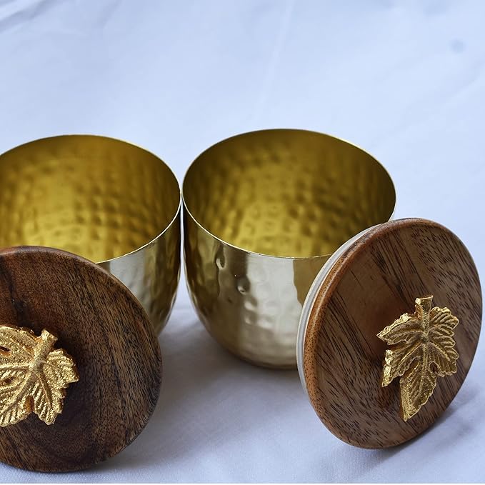 Golden Brass Jar Set With Wooden Lid