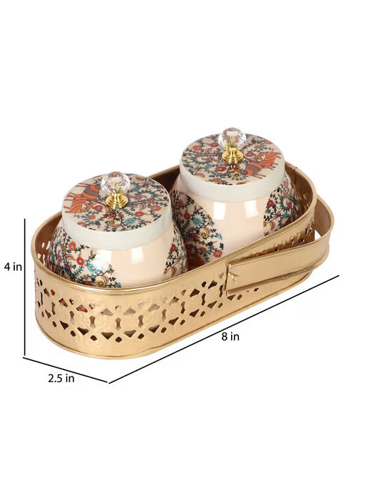 Metal Peacock Printed Jar with Basket