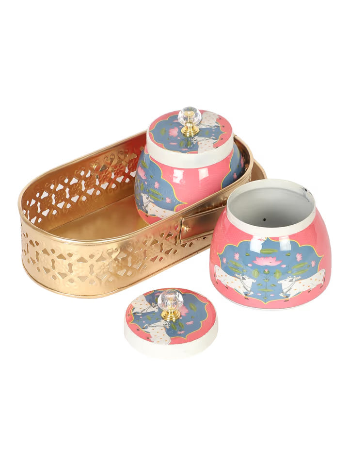 Metal Cow Printed Jar with Basket