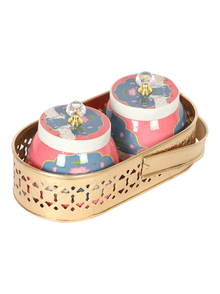 Metal Cow Printed Jar with Basket