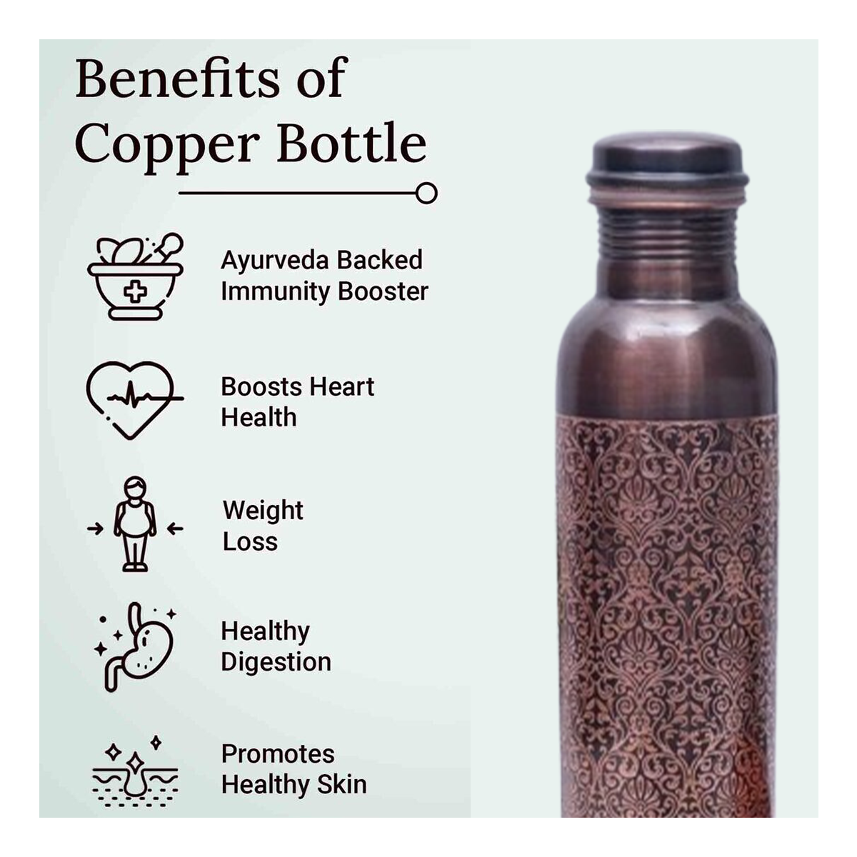 Traditional Indian Pattern Design - 100% Pure Copper Bottle Set with 2 Glasses