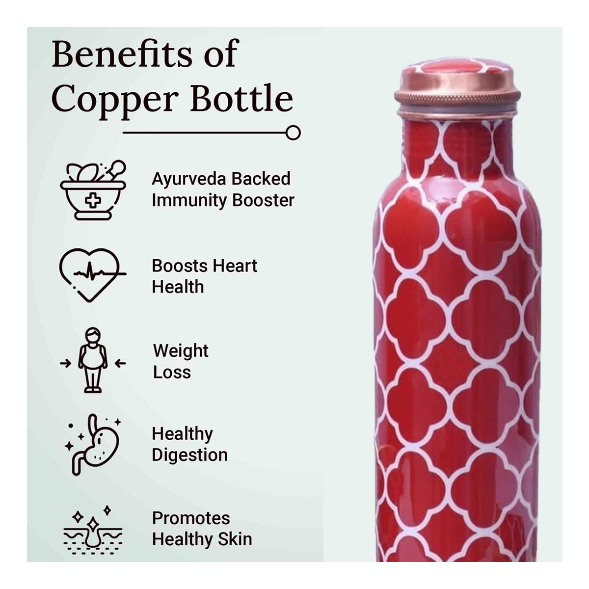 Traditional Abstract Floral Design - 100% Pure Copper Bottle Set with 2 Glasses
