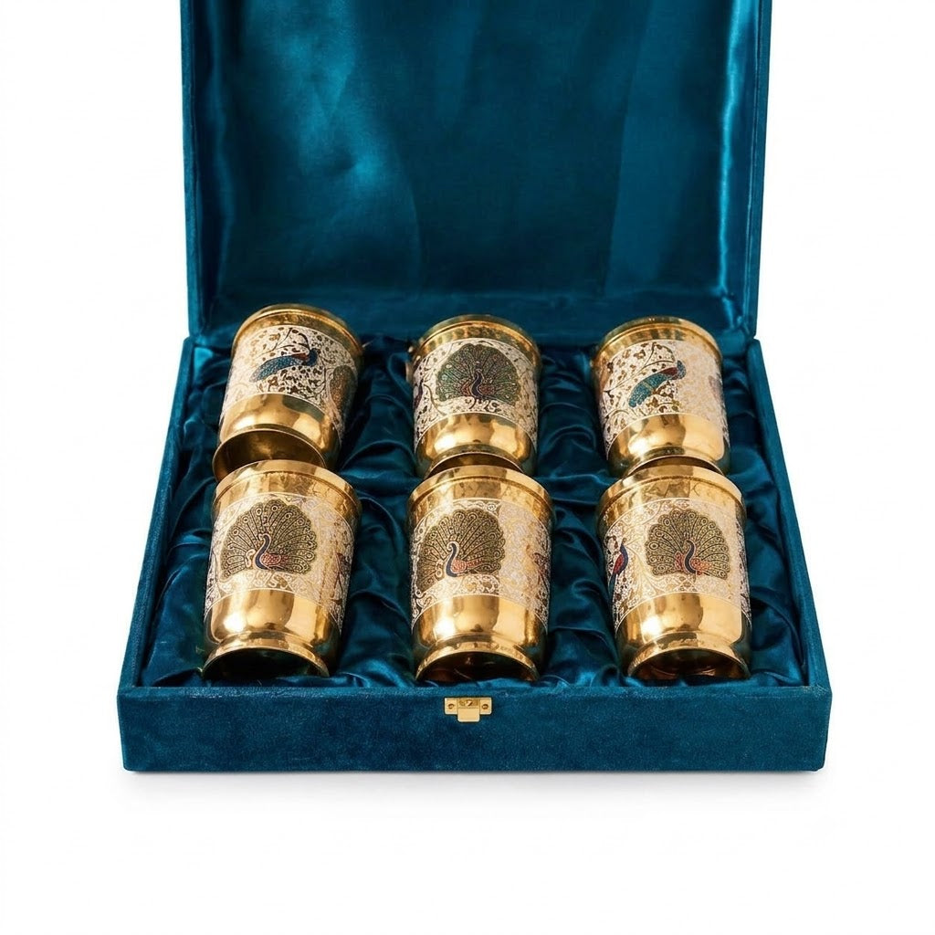 Handcrafted Brass Tumbler Set of 6 with Peacock Meenakari Design – Luxury Gift Box Set"