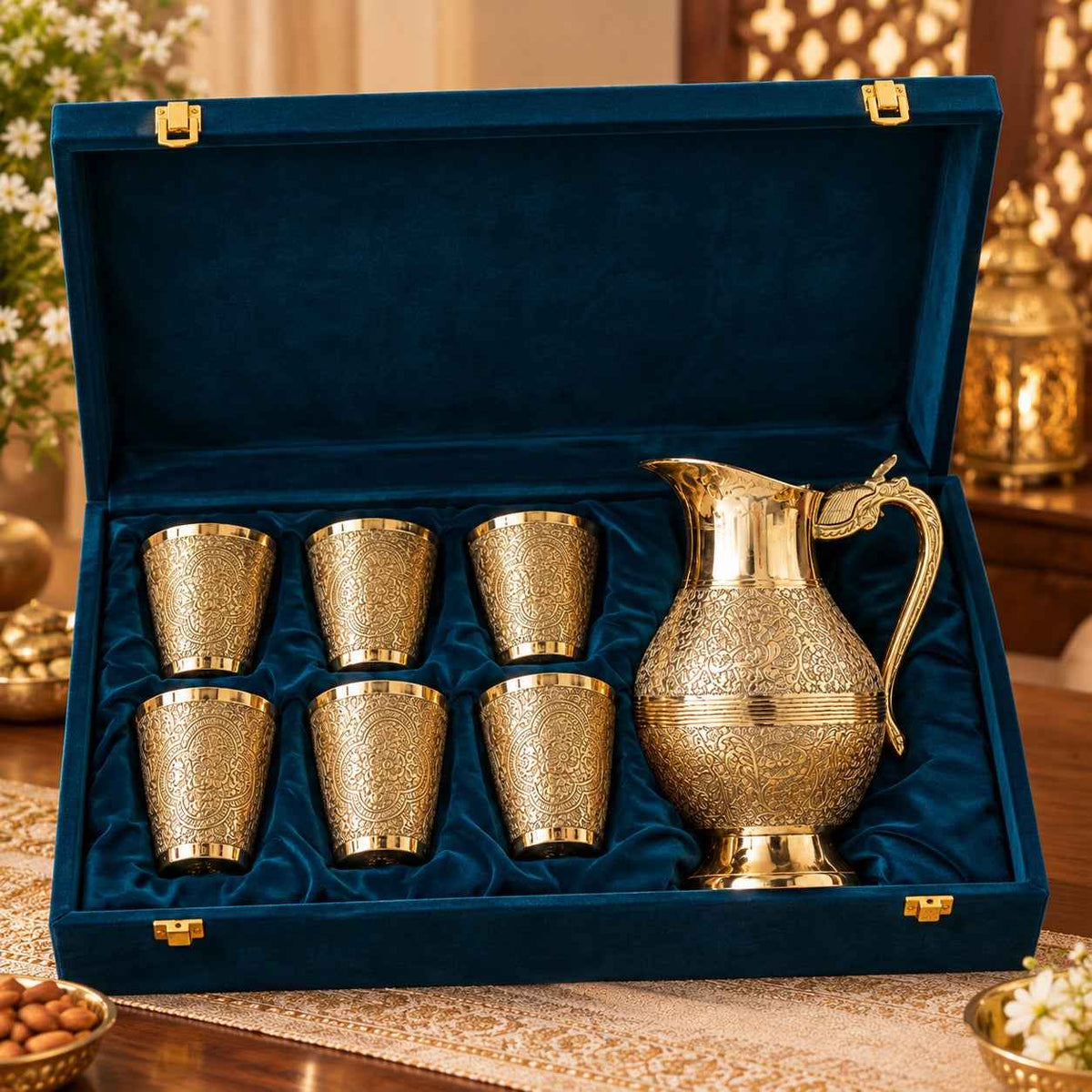 Handcrafted Brass Water Jug with 6 Glasses – Vintage Engraved Pitcher Set for Dining & Gifting
