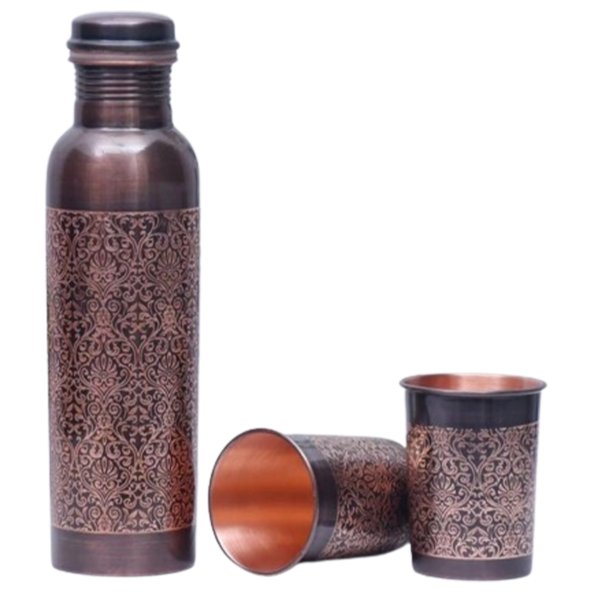 Traditional Indian Pattern Design - 100% Pure Copper Bottle Set with 2 Glasses