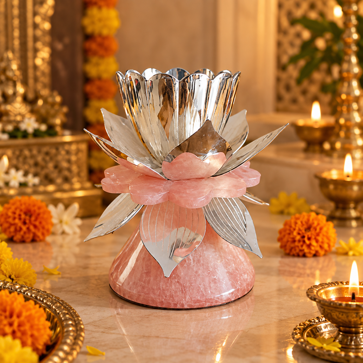 German Silver Lotus Flower diya with Pink Flower with resin stand