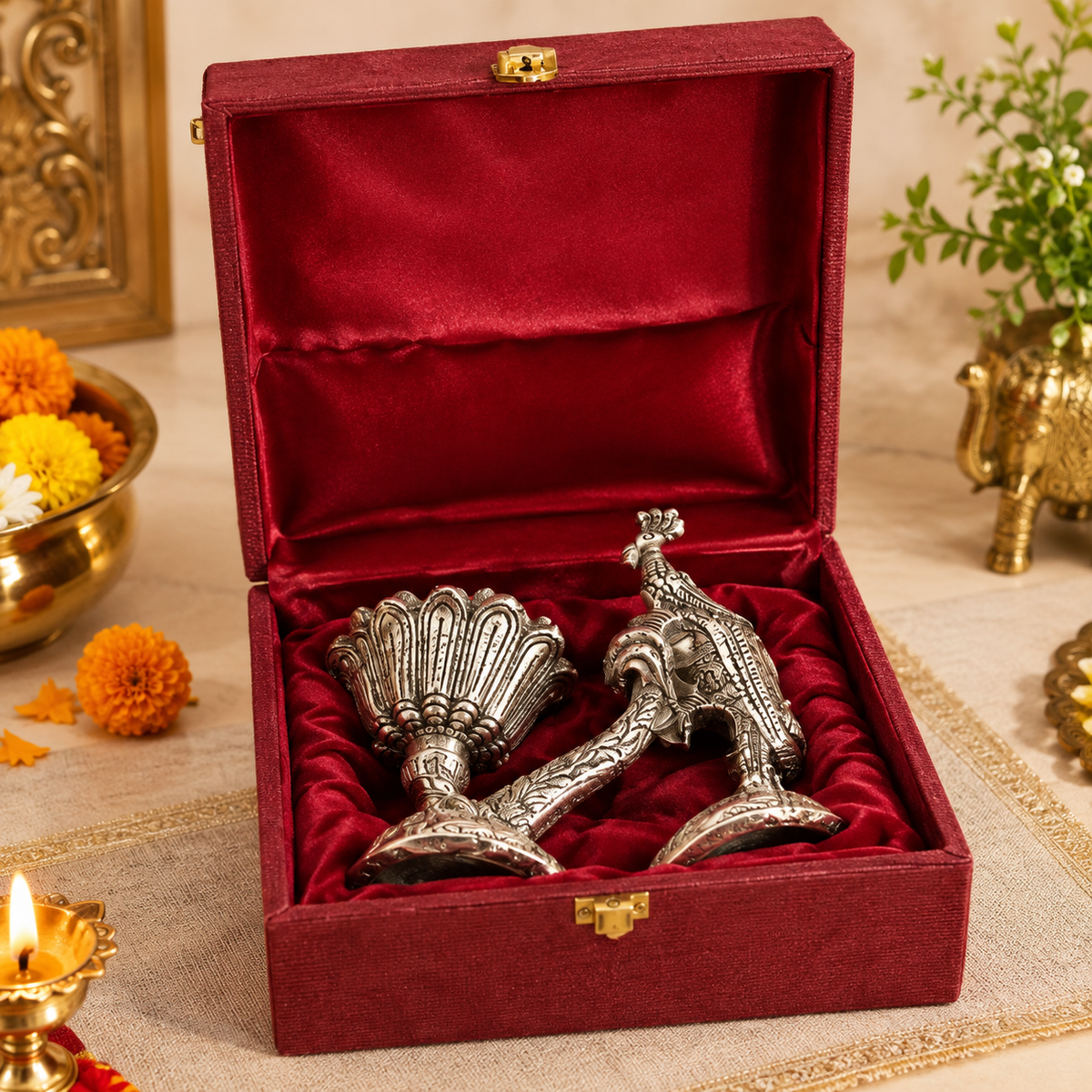 Antique German Silver Parrot Lotus bowl in velvet box