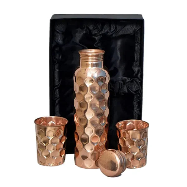 Diamond Cut - 100% Pure Copper Bottle Set with 2 Glasses