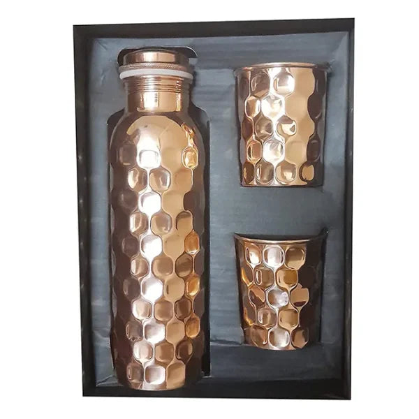 Diamond Cut - 100% Pure Copper Bottle Set with 2 Glasses