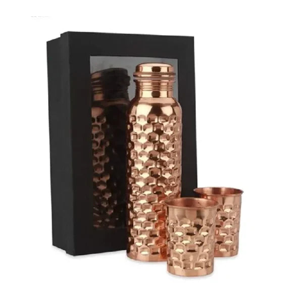 Diamond Cut - 100% Pure Copper Bottle Set with 2 Glasses