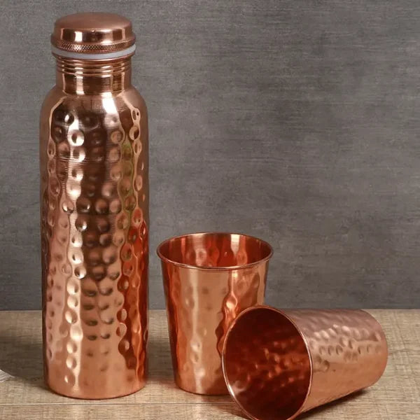 Hammered Finish - 100% Pure Copper Bottle Set with 2 Glasses