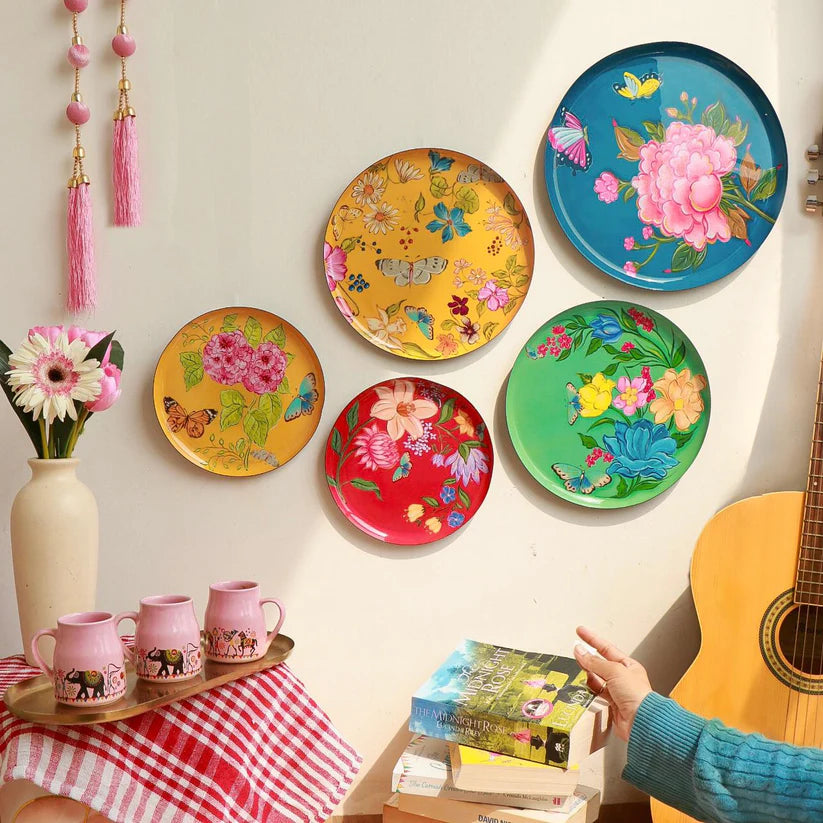Pastel Multicolor Floral Iron Wall Art Plates - Set of 5