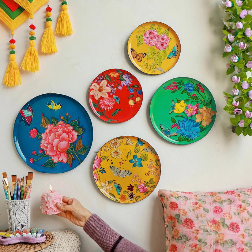 Pastel Multicolor Floral Iron Wall Art Plates - Set of 5