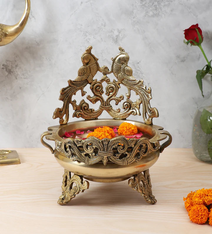 Double Peacock Designed Gold Brass Urli
