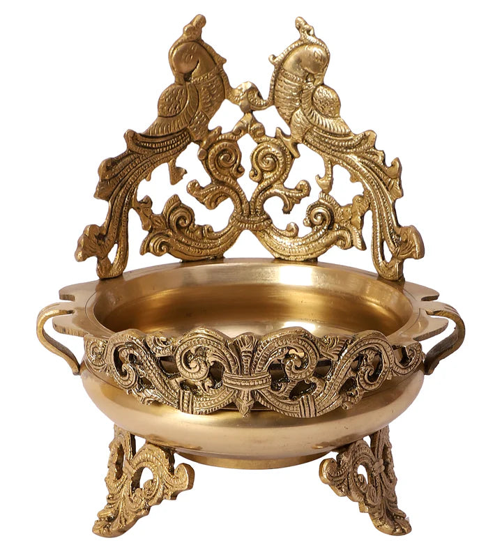 Double Peacock Designed Gold Brass Urli
