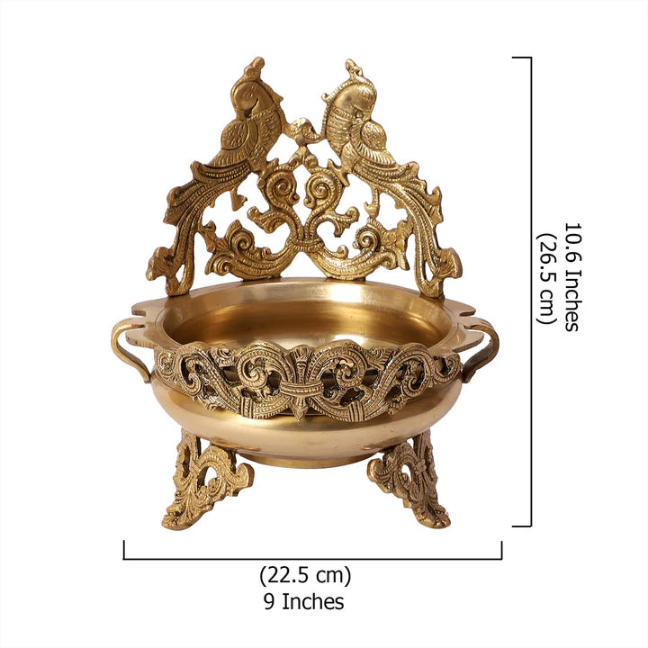 Double Peacock Designed Gold Brass Urli