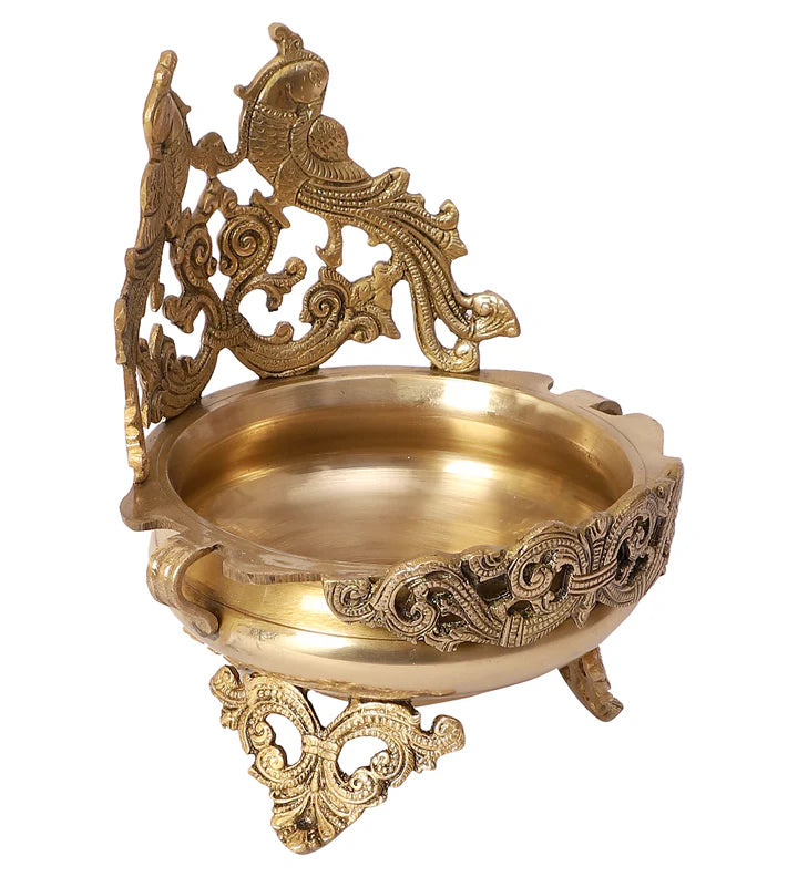 Double Peacock Designed Gold Brass Urli