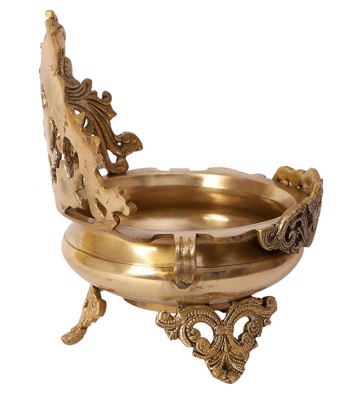 Double Peacock Designed Gold Brass Urli
