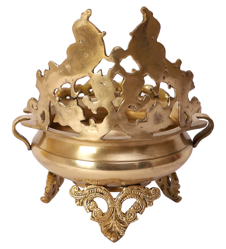Double Peacock Designed Gold Brass Urli