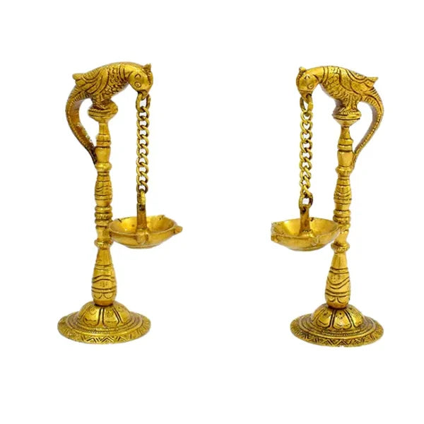 Gold Brass Parrot Lamp with Hanging Diya