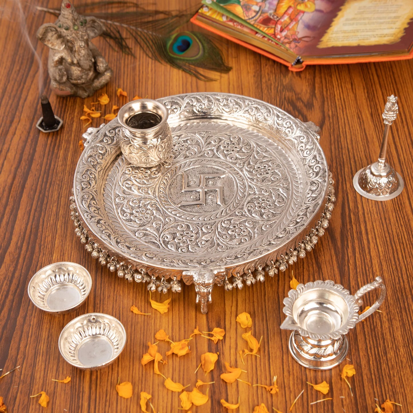 Intricately Designed Silver Pooja Thali Set with Elephant Trunk Shaped Stand