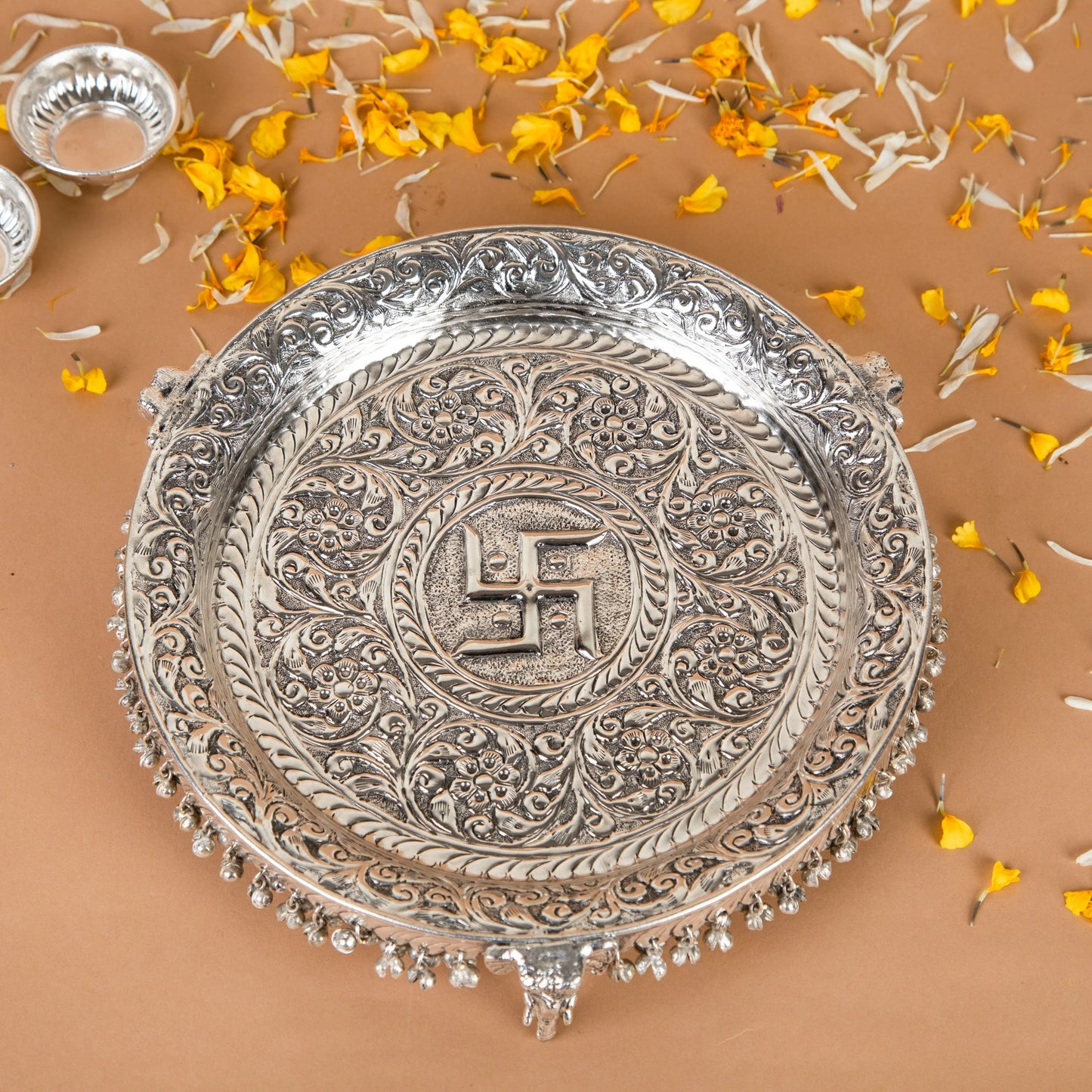 Intricately Designed Silver Pooja Thali Set with Elephant Trunk Shaped Stand