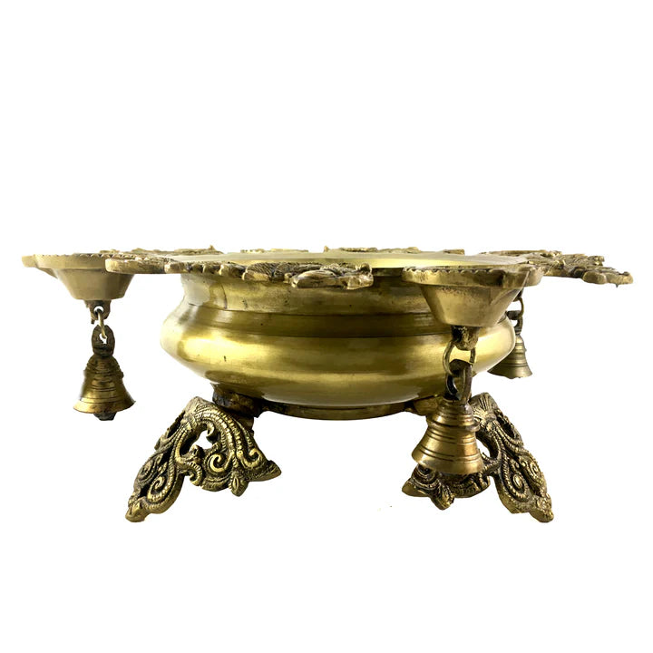 Brass Peacock Design Urli with Diyas and Hanging Bells