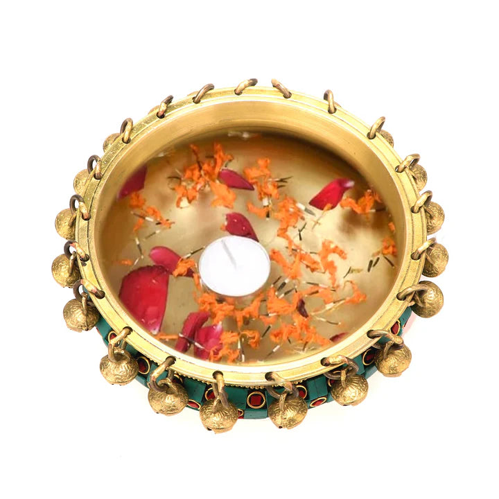 Gemstone Work Brass Ethnic Urli with Hanging Bells