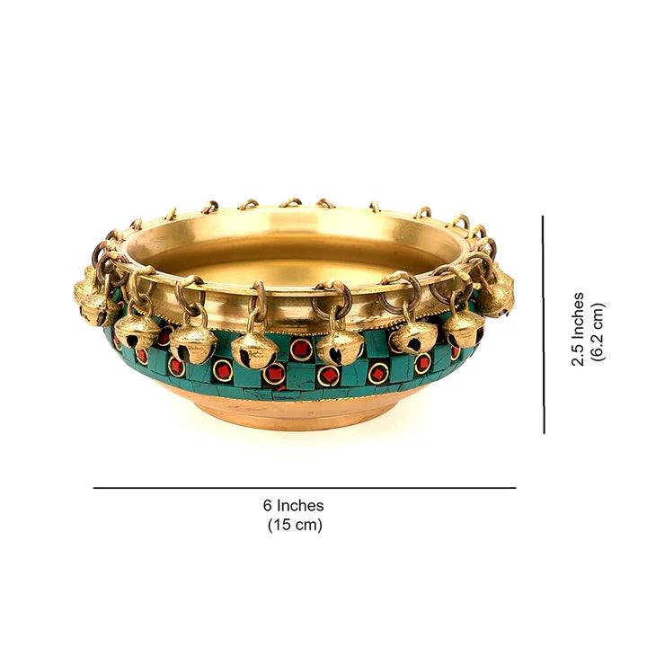 Gemstone Work Brass Ethnic Urli with Hanging Bells