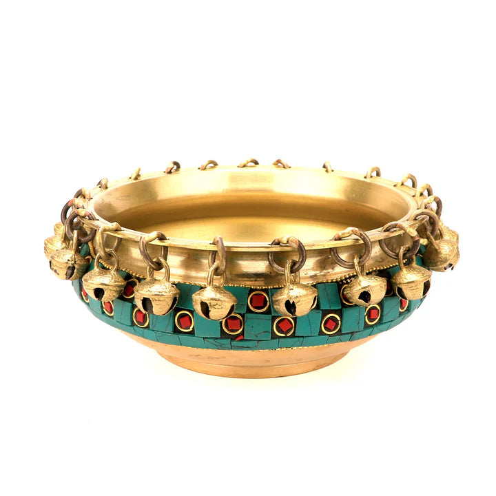 Gemstone Work Brass Ethnic Urli with Hanging Bells