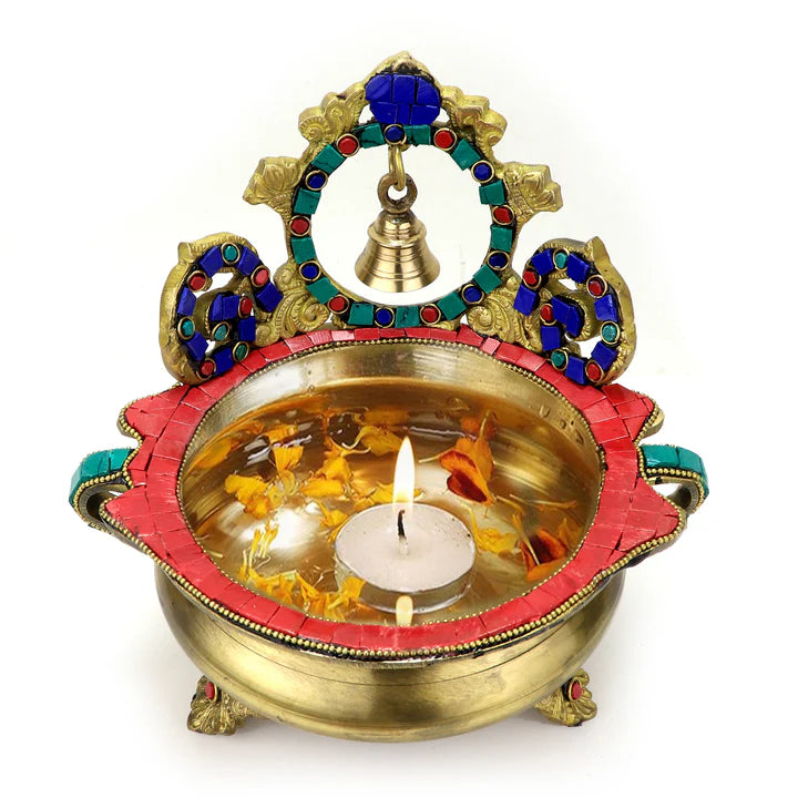 Brass Gemstone Work Ethnic Carved Urli with a hanging Bell