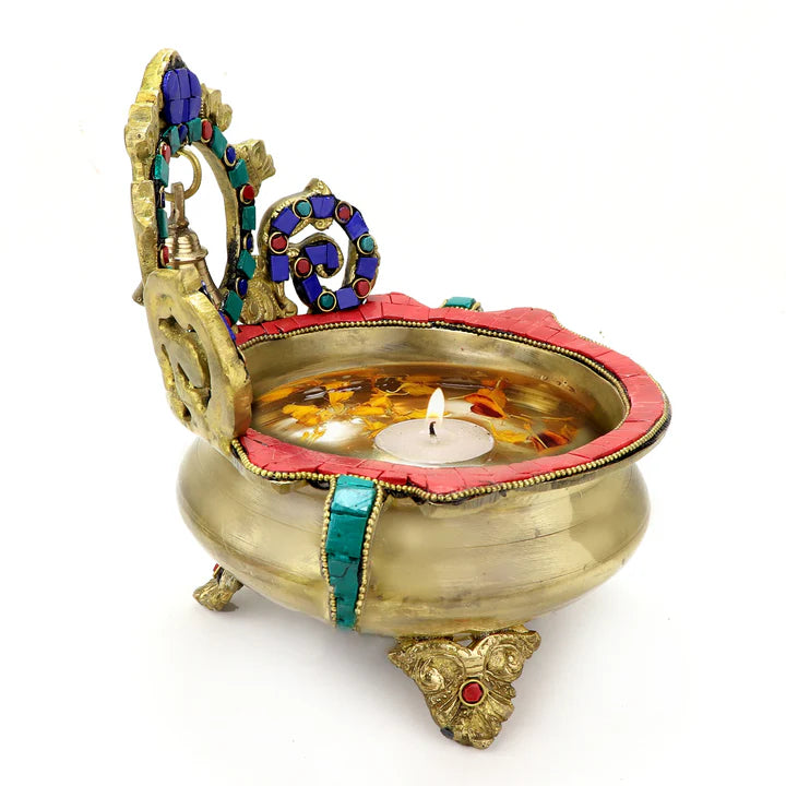Brass Gemstone Work Ethnic Carved Urli with a hanging Bell