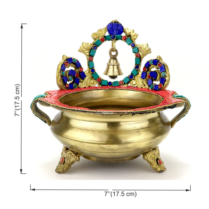 Brass Gemstone Work Ethnic Carved Urli with a hanging Bell