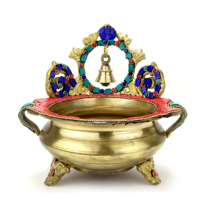 Brass Gemstone Work Ethnic Carved Urli with a hanging Bell