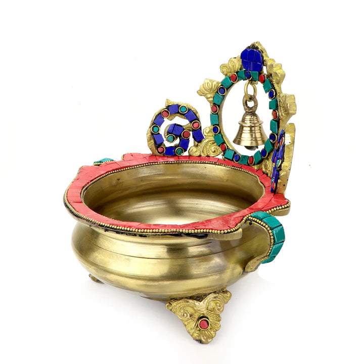 Brass Gemstone Work Ethnic Carved Urli with a hanging Bell