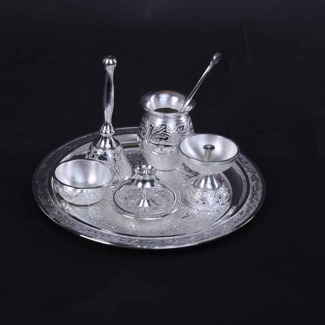 Silver Pooja Thali with a Velvet Box (10 inch Thali)