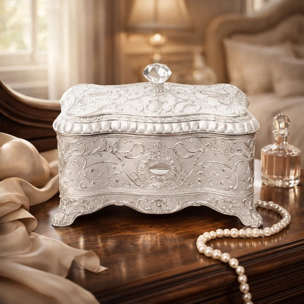 Jain Art Villa Antique Style German Silver Jewellery Box | Engraved Trinket Storage Box with Lid for Home Décor - JAIN ART VILLA